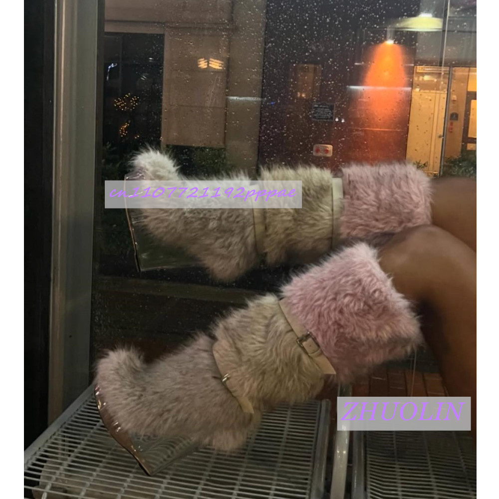 Women'S Fashion Knee High Boots - Зимние меховые прозрачные ботинки на танкетке